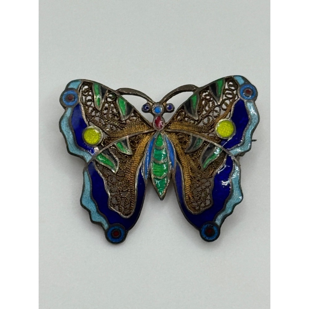 Vintage Topazio Portugal Enamel Sterling Silver Filigree Butterfly Brooch Pin